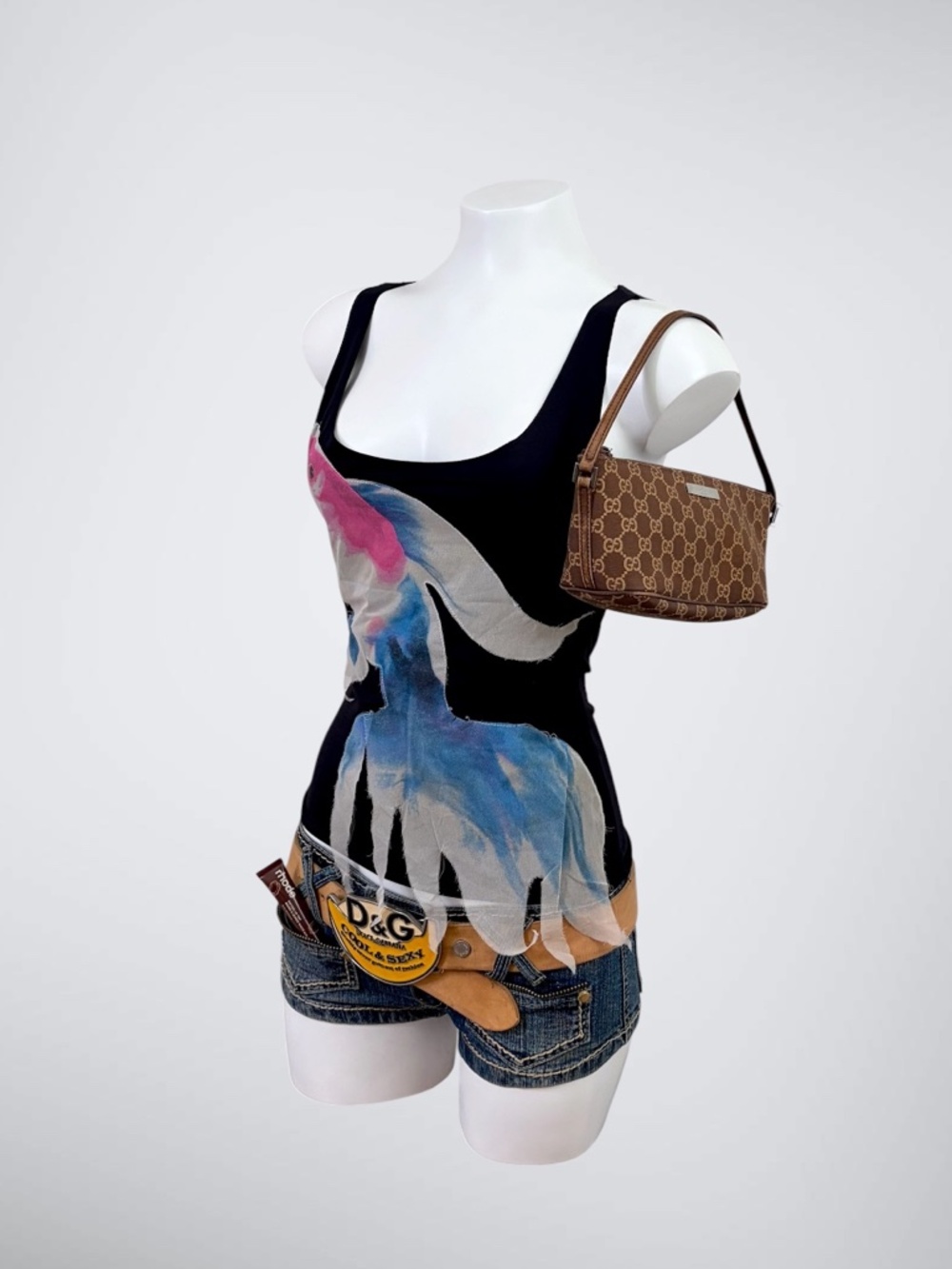 RARE Archival Vintage Moschino Betta Fish Graphic Top Distressed Mesh Overlay Y2 - Picture 2 of 13